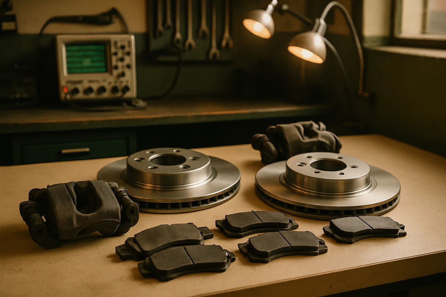 Brake service components and parts arranged on a repair shop workbench